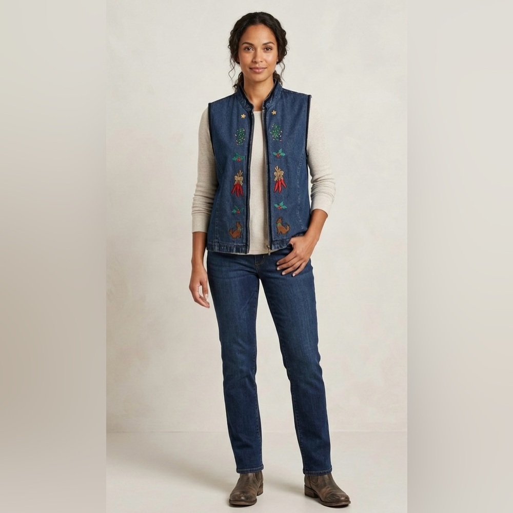 100% Cotton Blue Denim Jean Christmas Vest Embroidery Zip Up
